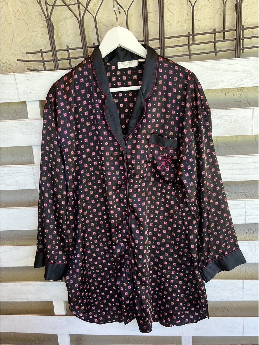 Vintage Victoria Secret Sleep Dress Black Pink Geo Squares Gold Label Women's L